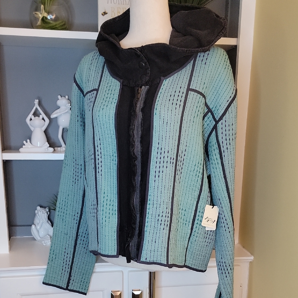 Free People Teal Purple Black Hooded Jacket Quilted